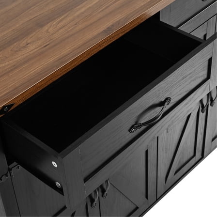 Large Kitchen Island With Power Supply, Drop Leaf Countertop, Drawer & Spice Rack, Rolling On Wheels, 53.5''w X 29.28''d 36.5''h, Black Style Leaf, Storage, Socket,