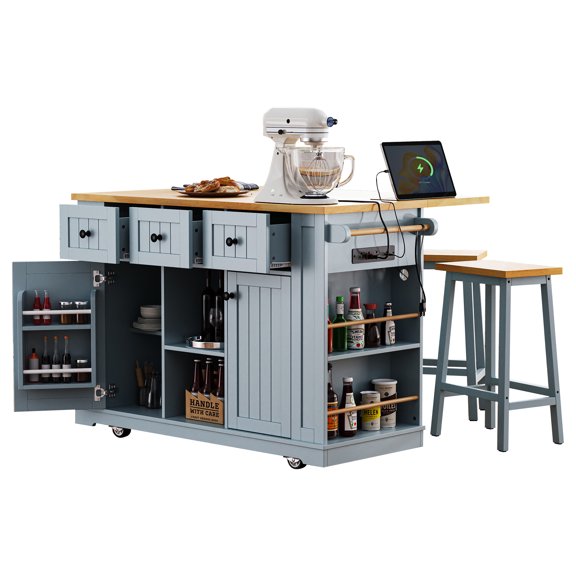 Large Kitchen Island with Seating and Storage, Rolling Kitchen Cart on 5 Wheels with Bar Stools, Drop Leaf, Power Outlet, for Kitchen, Dining Room (Grey Blue With Bar Stools)