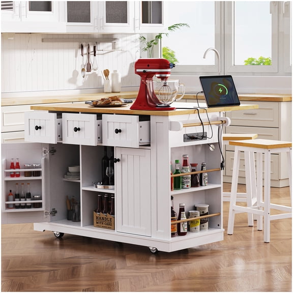 Large Kitchen Island Set with 2 Bar Stools, Charging Station, Drop Leaf Table, White Rolling Cart with Locking Wheels