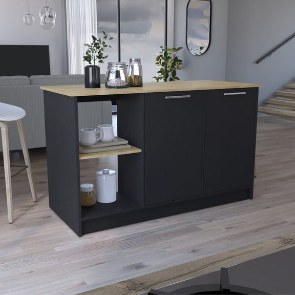 Large Kitchen Island with Double Door Cabinet and Open Shelves, 59 Inch Wide Top for Extra Workspace, Black/Dark Walnut Particle Board