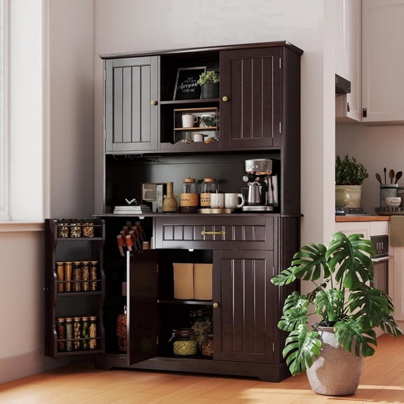 67" Kitchen Hutch Cabinet with 5 Doors and 14 Shelves, Noelse Large Wooden Kitchen Pantry Storage Cabinet with Drawer, Tall Coffee Bar for Dining Room, Dark Brown