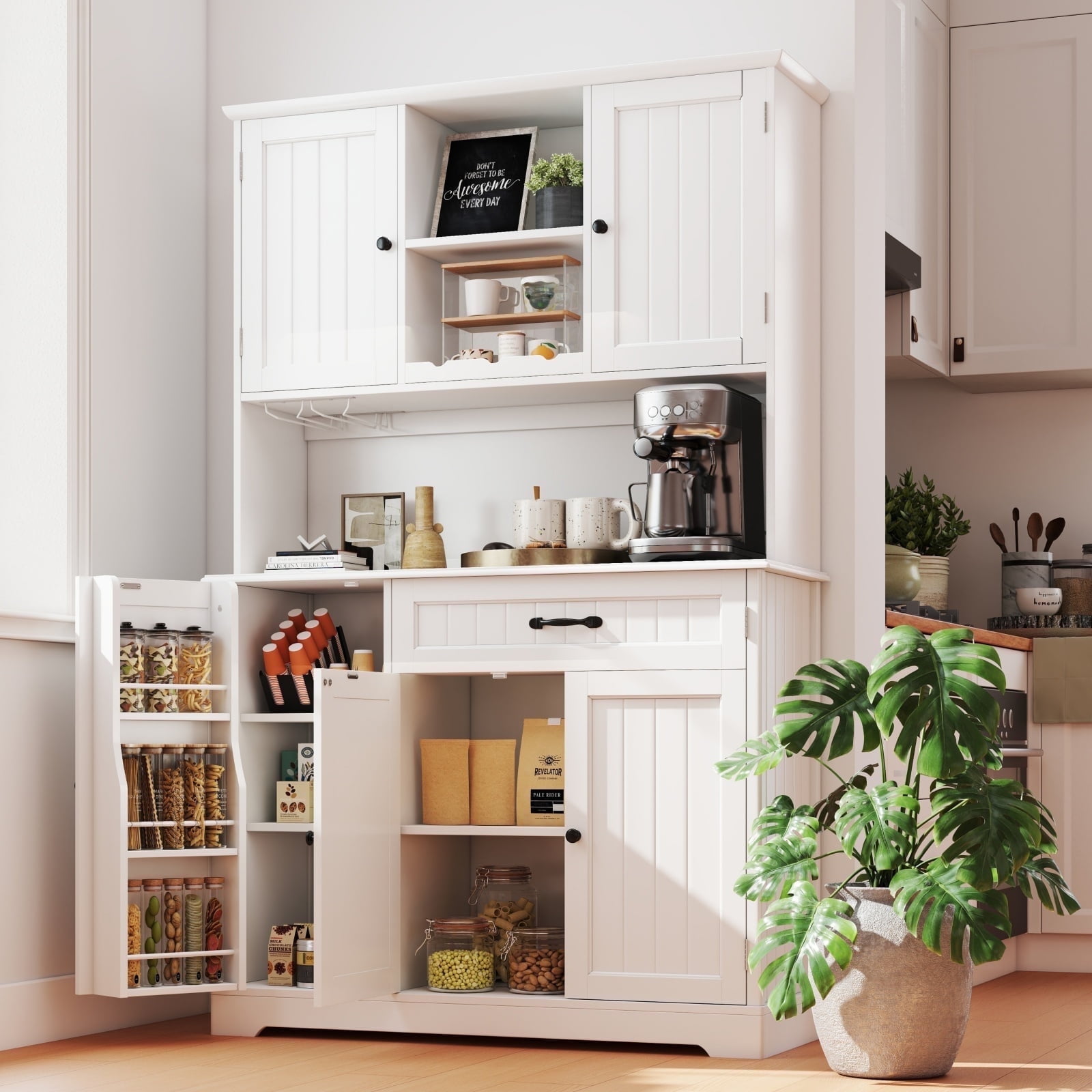 Noelse 67.7" Kitchen Hutch Cabinet with 5 Doors and 14 Shelves, Large Wooden Kitchen Pantry Storage Cabinet with Drawer, Tall Coffee Bar for Dining Room - Walmart.com