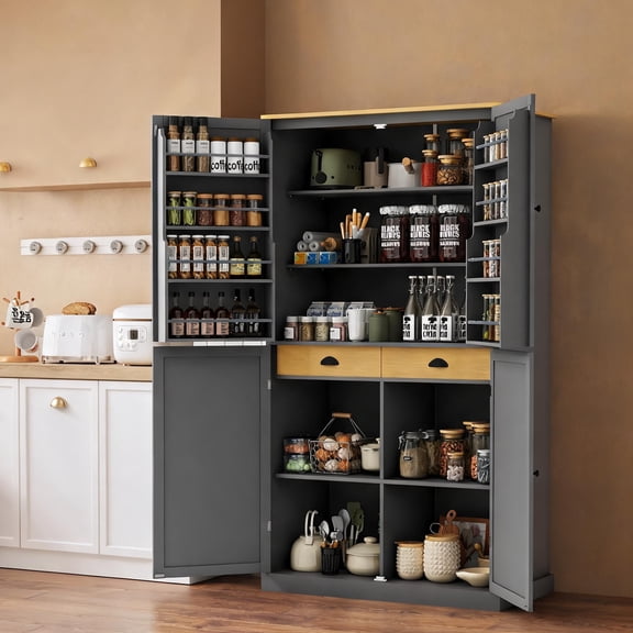 Large Kitchen Pantry Cabinet, Slate Gray MDF Freestanding, 71.3 Inches Tall, 2 Drawers 8 Door Shelves
