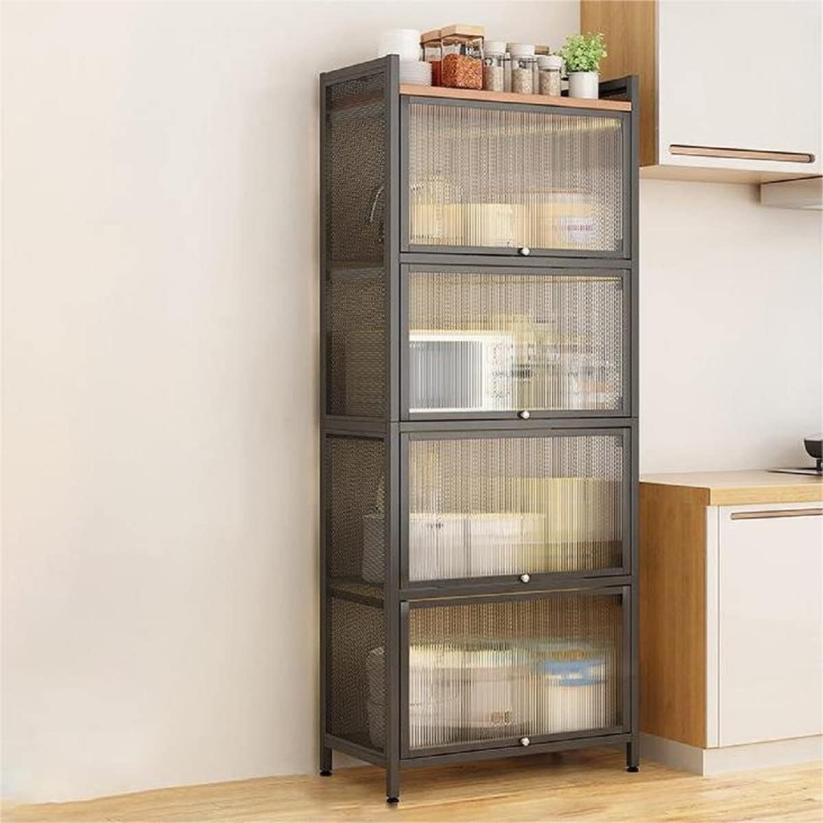 Large Kitchen Pantry Storage Cabinet Buffet, 4 Tier Metal Pantry Cabinet with Folding Doors 56'' Kitchen Hutch Cabinet Suitable for Dining Room Living Room