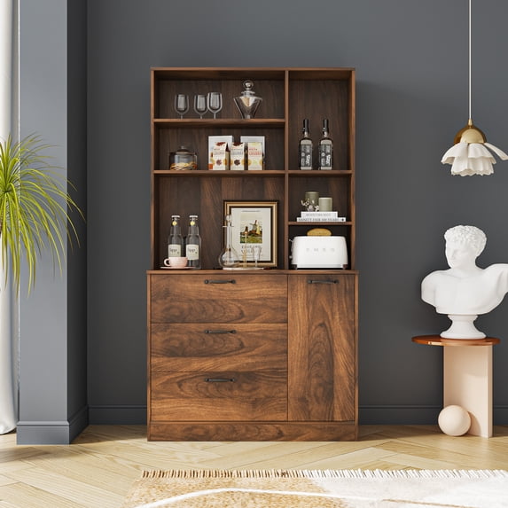 Large Kitchen Pantry Storage Cabinet with Drawers & Open Shelves, Freestanding Kitchen Cupboard Buffet Cabinet - Walnut