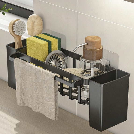 Large Kitchen Sink Caddy with Automatic Drainage Tray, Sponge Soap Brush Holder with Towel Hanger, Non Slip Countertop Organizer
