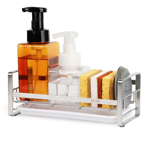 Large Kitchen Sponge Holder, Sink Caddy, Sponge Brush Soap Holder with Removable Tray, Not Include Soap Dispenser, Sliver