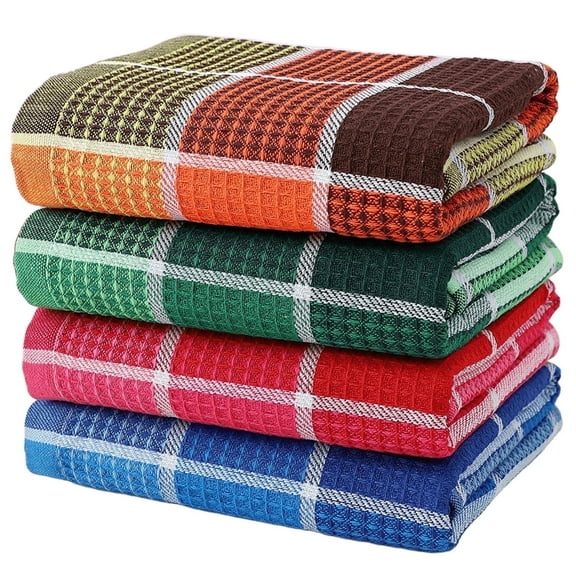 Large Kitchen Towels, 4-Pack, 16 Inch x 26 Inch Buffalo Check Dish Towels for Washing Drying Dishes, Colorful Waffle Design Tea Towels Bar Towels
