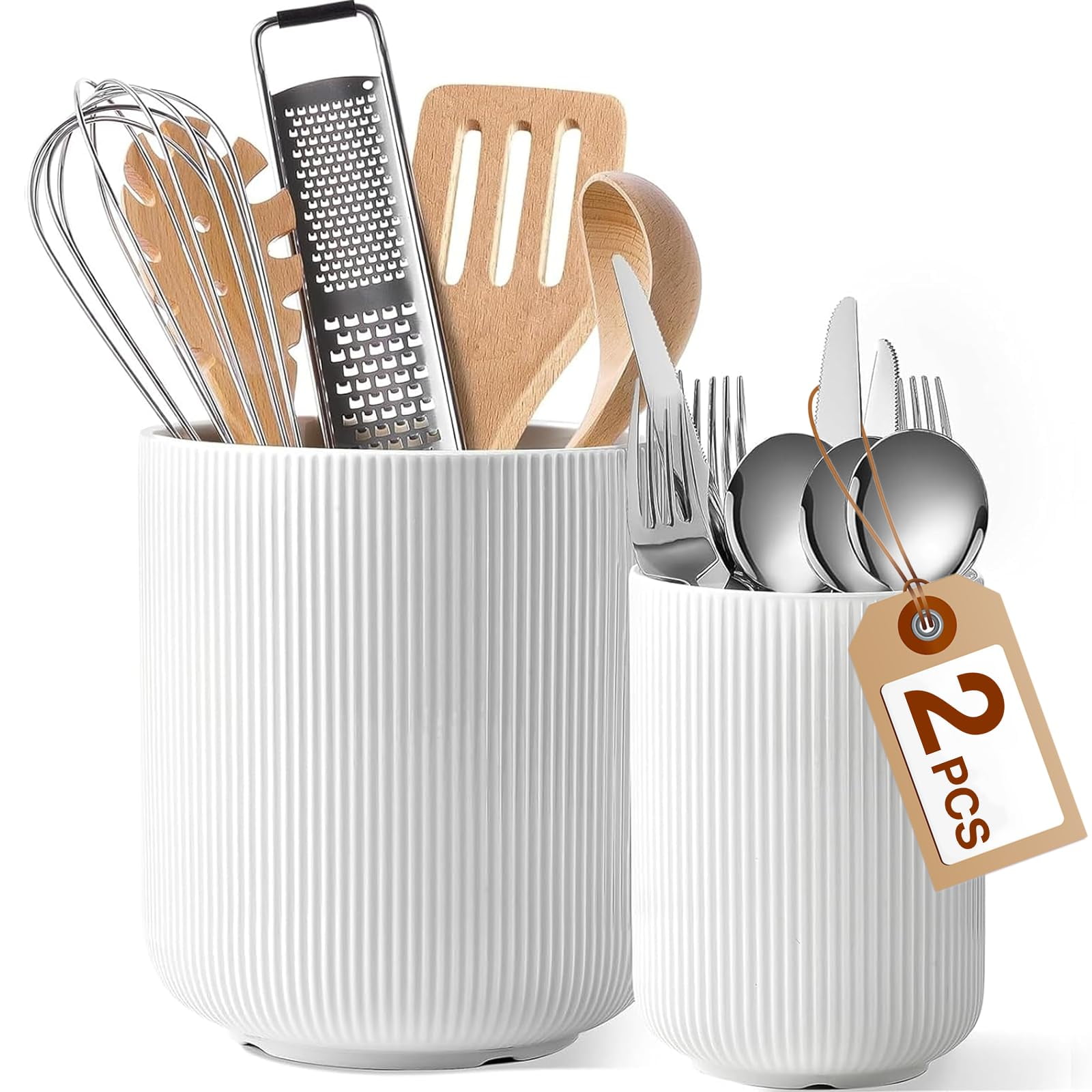 Large Kitchen Utensil Holder Set Of 2, 7.3" + 5.4" Ceramic Cooking ...