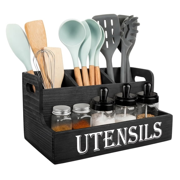 Large Kitchen Utensil Organizer with 4 Compartments, Wooden Farmhouse Countertop Storage Holder for Spoons Spatulas, Rustic Kitchen Decor