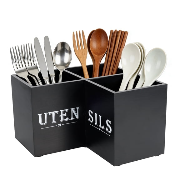 Large Kitchen Utensils Holder with 3 Compartments Wooden Cooking Tools Storage for Countertop Corner Utensil CaddyWooden Utensil Organizer for Kitchen Countertop Farmhouse Decor