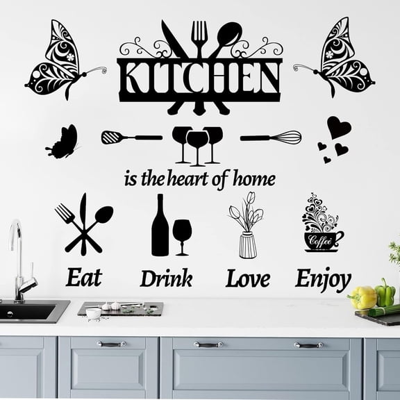 Large Kitchen Wall  Dining Room Quotes Wall Stickers The Kitchen is The Heart of  Sign Decor  Saying Lettering Wall  Butterfly Coffee Cup Sticker for Family  Restaurant Decor