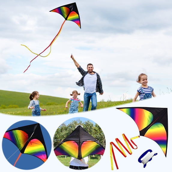 Large Kite for Kids and Adults, Easy to Fly Beach Kite with Long Tail, Colorful Delta Stunt Kite, Outdoor Toy for Summer, 59x29.5 Inch with 2 Tails