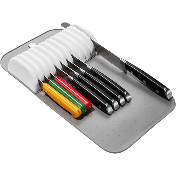 Large Knife Mat, Soft-Grip In Drawer Knife Organizer for 12 Knives, Non-Slip Kitchen Drawer Storage, Space Saving Knife Block Alternative, Grey
