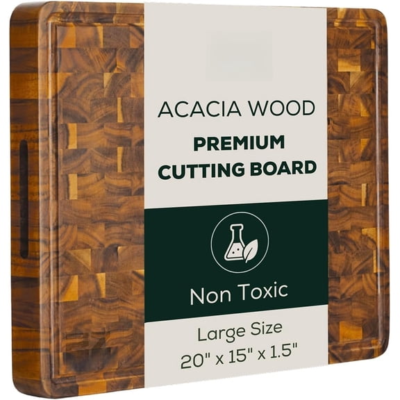 Large (L) Acacia End Grain Board, Reversible, -Friendly Charcuterie Butcher Block with Juice & Handles, Non-, Box Included (20" x 15" x 1.5")