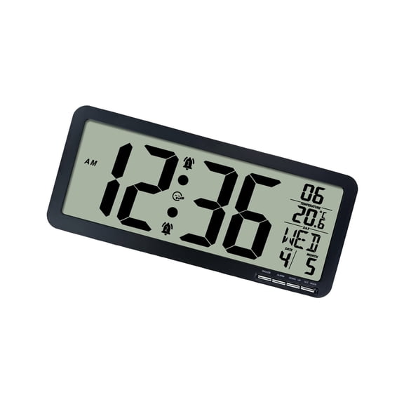 Large LCD Screen Digital Wall Clock with Indoor Temperature Display 2 Alarms Snooze Function and Bracket Home Decors