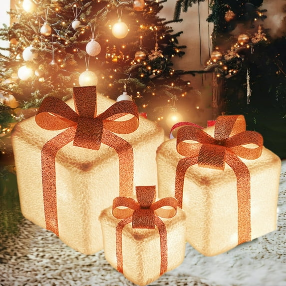 Large LED Christmas Box Decor Set, 3 Pack Outdoor/Indoor Battery-Operated Lighted Gift Boxes for Winter, Xmas, New Year Party, Porch, Walkway, and Fireplace Mantle Holiday Lighting Decor