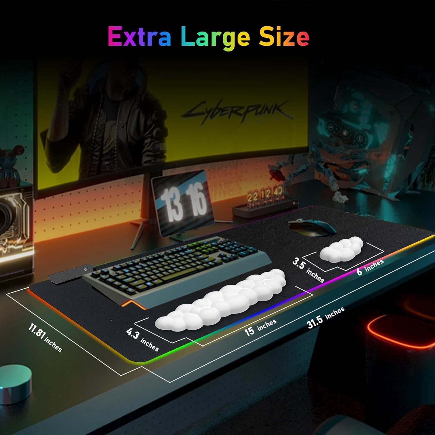Led Rests Large LED Desk Mat and Wrist Rest Set for Keyboard and Mouse, Extened ...