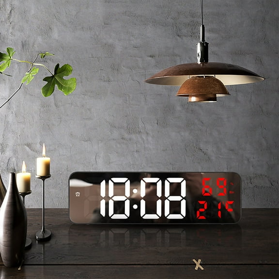 Large LED Digital Wall Clock with Temperature Date Display, Staron Bright Adjustable Mirror Alarm Clock for Home Decor, USB Battery Powered Wall-Mounted Clock for Office Bedroom Living Room