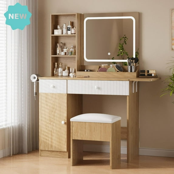 Large LED Lighted Makeup Vanity Desk with Mirror, Adjustable 3-Color Lights, Charging Station, Drawers & Storage Stool for Bedroom & Dressing Room