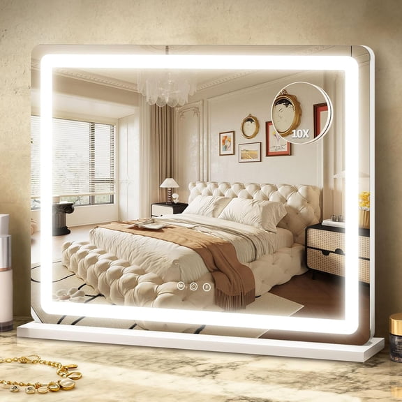 Large LED Vanity Mirror with 10X Magnification, Dimmable Touch Control, Warm/Neutral/Cool Light Settings, Wall-Mountable or Tabletop, 23"L x 18"W, White Aluminum Frame, Modern Rectangular Design