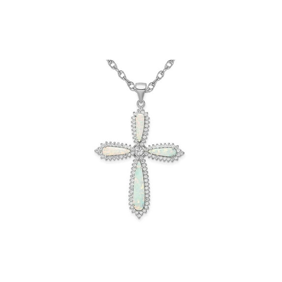 Large Lab-Created Opal Cross Pendant Necklace in Sterling Silver with Cubic Zirconia (CZ)s and Chain for Women