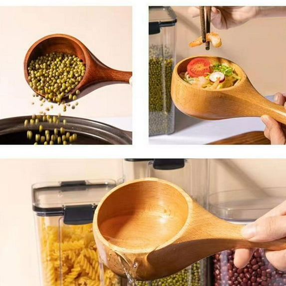 Large Lacquer Color One Set Wooden Pastoral Style Wooden Spoon Korean Household Soup Spoon Rice Spoon Flour Spoon Wooden Water Scoop Large Diameter Short Handle