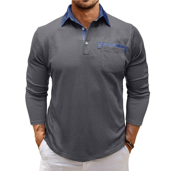 Large Lapel Collar Mens Shirt Long Sleeve Button Casual T-Shirts for Men Waffle Color Block Knit Top with Pockets (Dark Gray L)