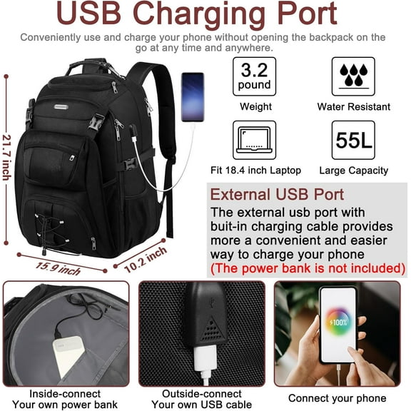 Large Laptop Backpack for Travel, College & Work, TSA Friendly Commuter Gaming Bag with USB Charging Port,