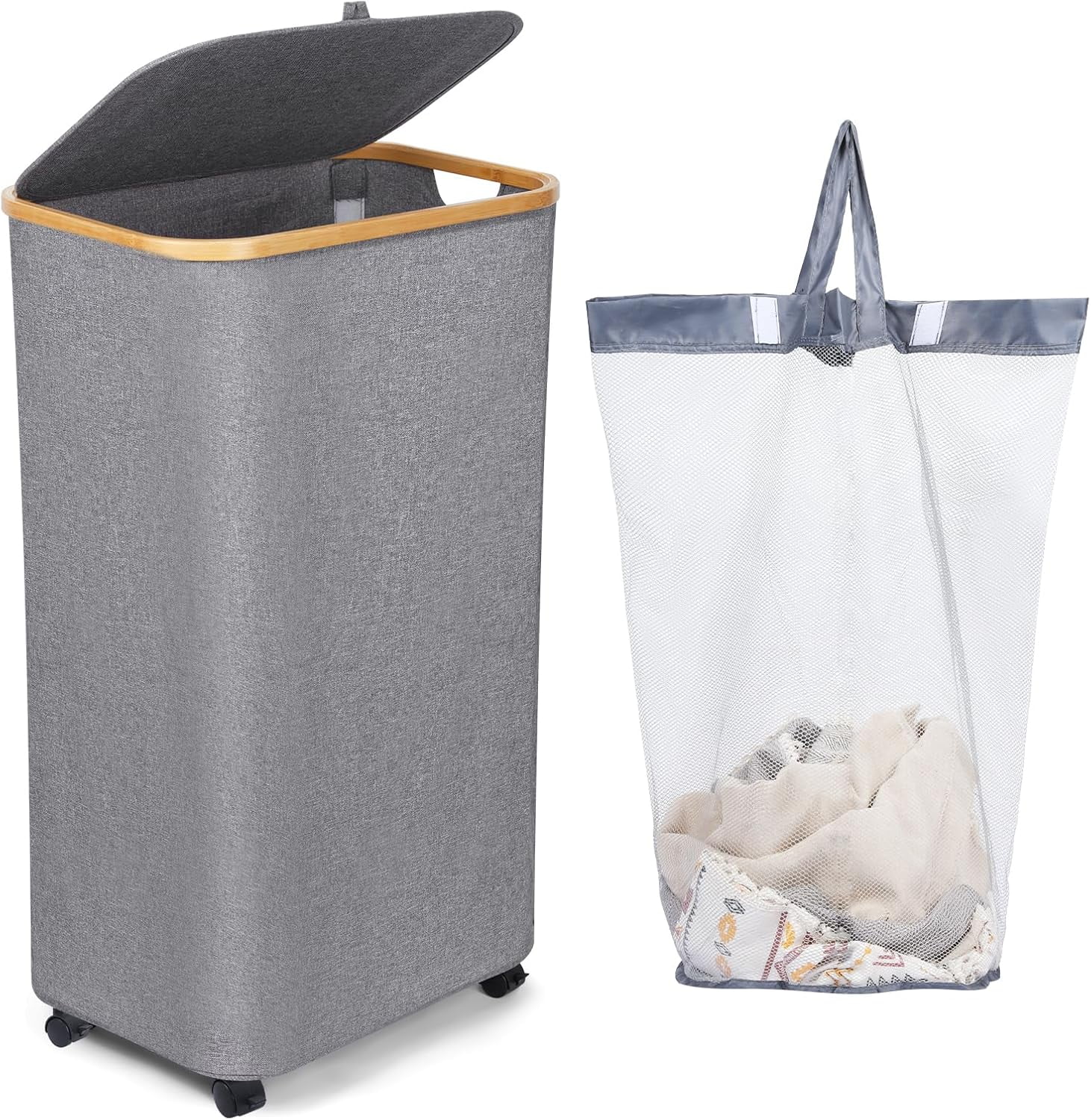 Large Laundry Basket with Wheels,100L Hampers for Laundry,Freestanding Laundry Hamper with Lid and Bamboo Handles,Collapsible & Waterproof Tall Cloth Hamper for Dorm Family（Grey）