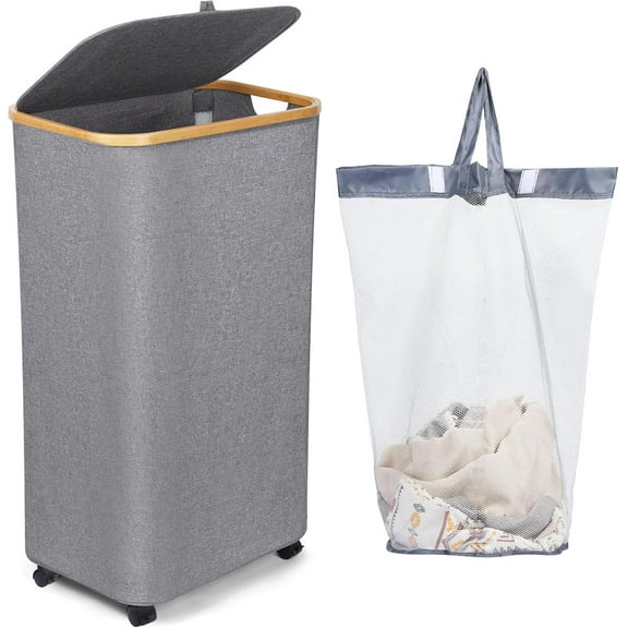 Large Laundry Basket with Wheels,100L Hampers for Laundry,Freestanding Laundry Hamper with Lid and Bamboo Handles,Collapsible & Waterproof Tall Cloth Hamper for Dorm FamilyGrey