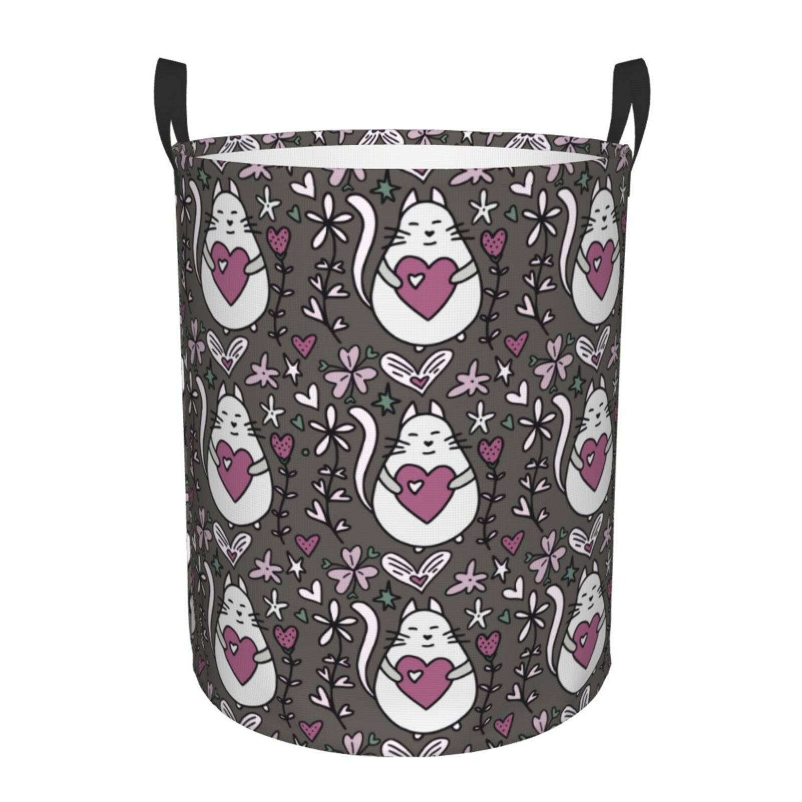 Large Laundry Basket with Handles - Abstract Cartoon Cat Heart Flower Kids Baby Dirty Clothes Laundry Hamper for Bedroom Aesthetic