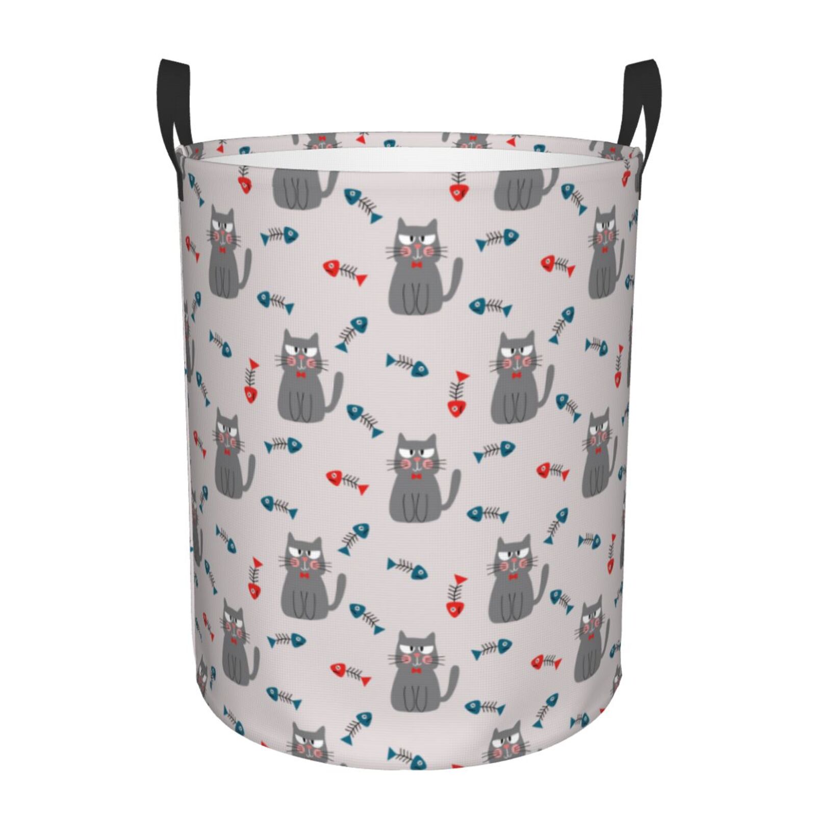 Large Laundry Basket with Handles - Abstract Cute Cat And Fish Bones Kids Baby Dirty Clothes Laundry Hamper for Bedroom Aesthetic