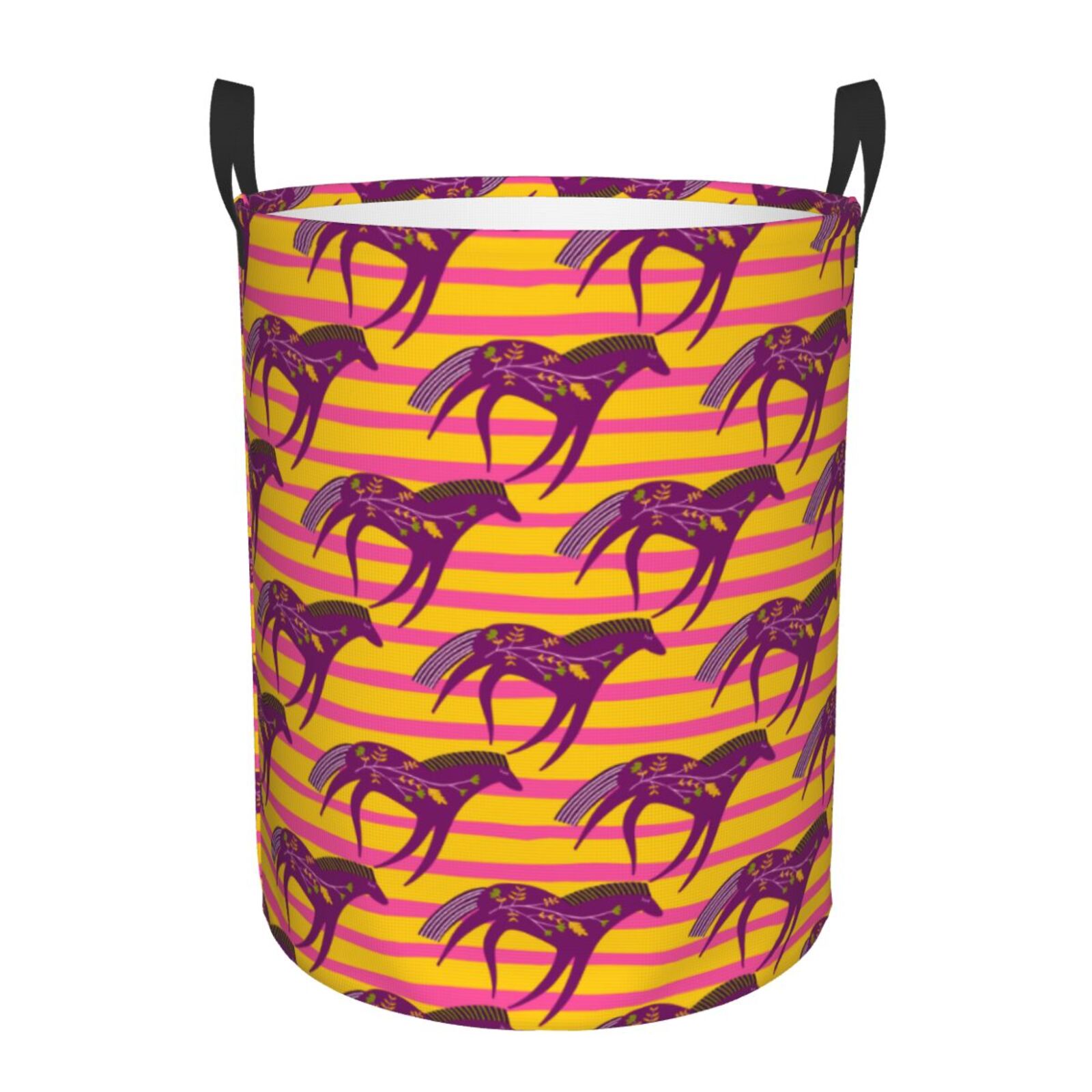 Large Laundry Basket with Handles - Abstract Striped Cute Horse Flower Kids Baby Dirty Clothes Laundry Hamper for Bedroom Aesthetic