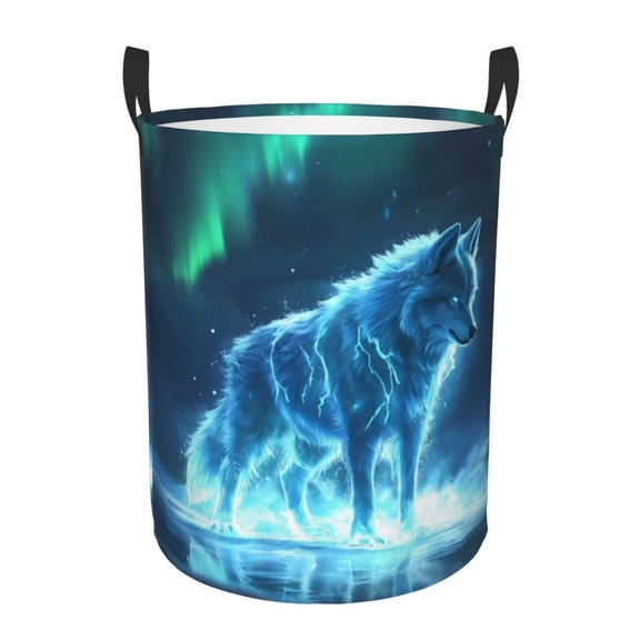 Large Laundry Basket with Handles - Aurora Wolf Frozen Lake Kids Baby Dirty Clothes Laundry Hamper for Bedroom Aesthetic
