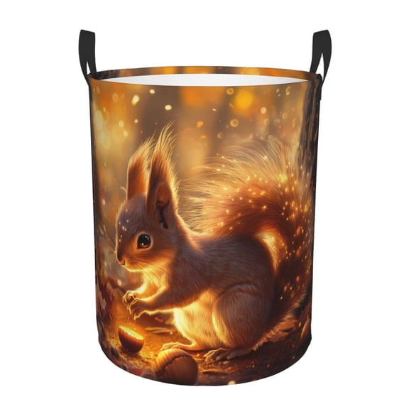 Large Laundry Basket with Handles - Autumn Squirrel Glowing Light Kids Baby Dirty Clothes Laundry Hamper for Bedroom Aesthetic