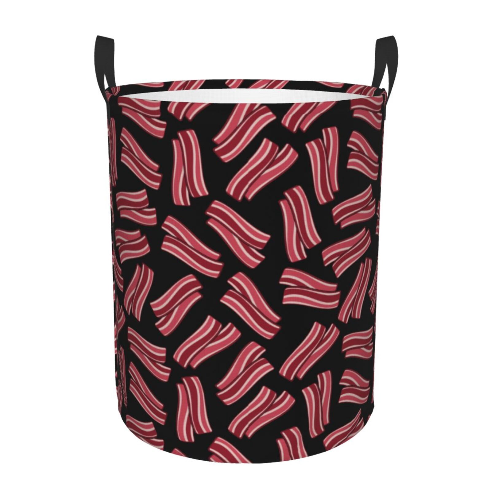 Large Laundry Basket with Handles - Bacon Print Black Kids Baby Dirty Clothes Laundry Hamper for Bedroom Aesthetic