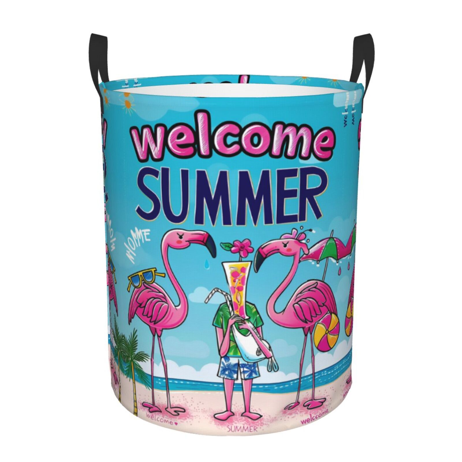 Large Laundry Basket with Handles - Beach Flamingo Trio Kids Baby Dirty Clothes Laundry Hamper for Bedroom Aesthetic