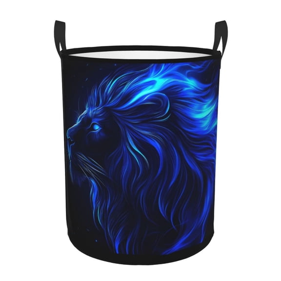 Large Laundry Basket with Handles - Black Lion with Blue Flames Kids Baby Dirty Clothes Laundry Hamper for Bedroom Aesthetic