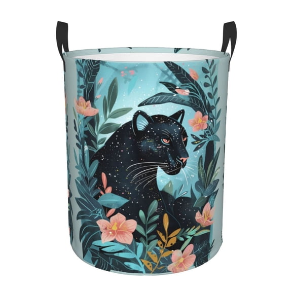 Large Laundry Basket with Handles - Black Panther Floral Illustration Kids Baby Dirty Clothes Laundry Hamper for Bedroom Aesthetic