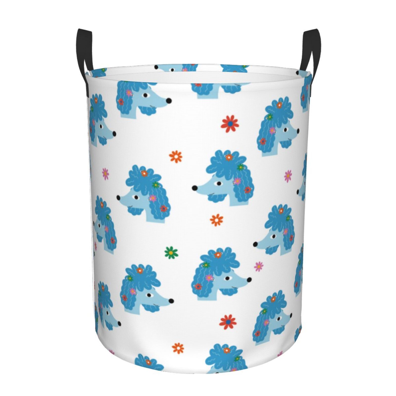 Large Laundry Basket with Handles - Blue Cute Poodle Dog Flower Kids Baby Dirty Clothes Laundry Hamper for Bedroom Aesthetic