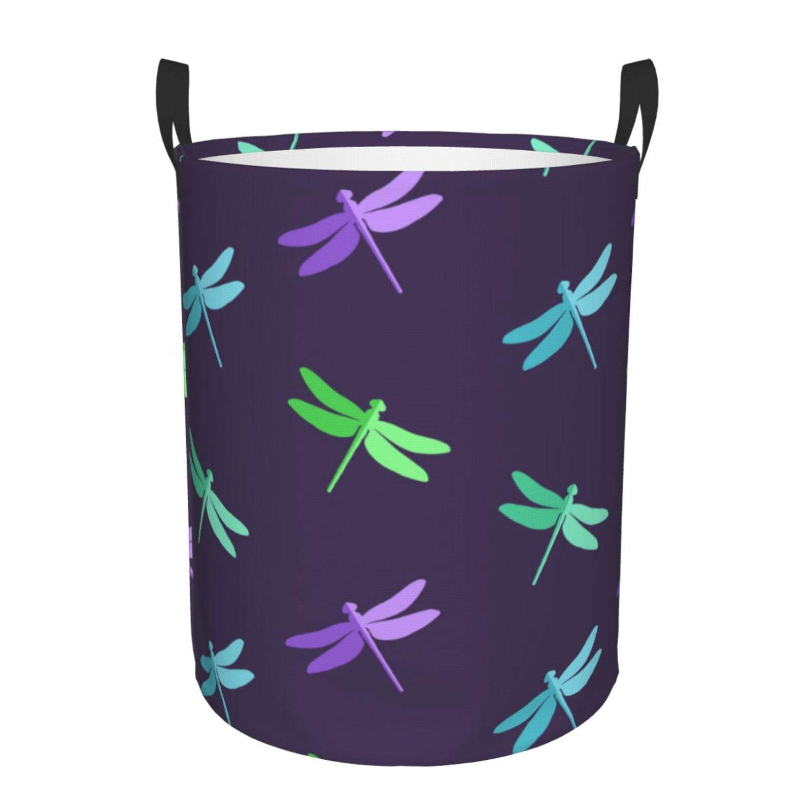 Large Laundry Basket with Handles - Blue Green Purple Dragonfly Kids Baby Dirty Clothes Laundry Hamper for Bedroom Aesthetic