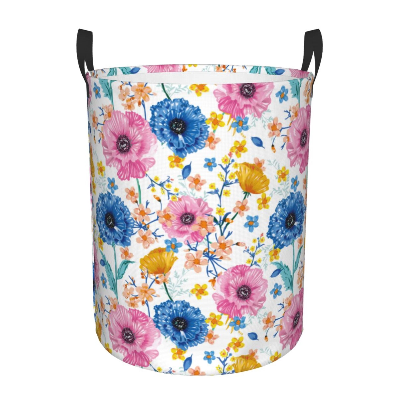 Large Laundry Basket with Handles - Blue Pink Yellow Rose Flowers Kids Baby Dirty Clothes Laundry Hamper for Bedroom Aesthetic