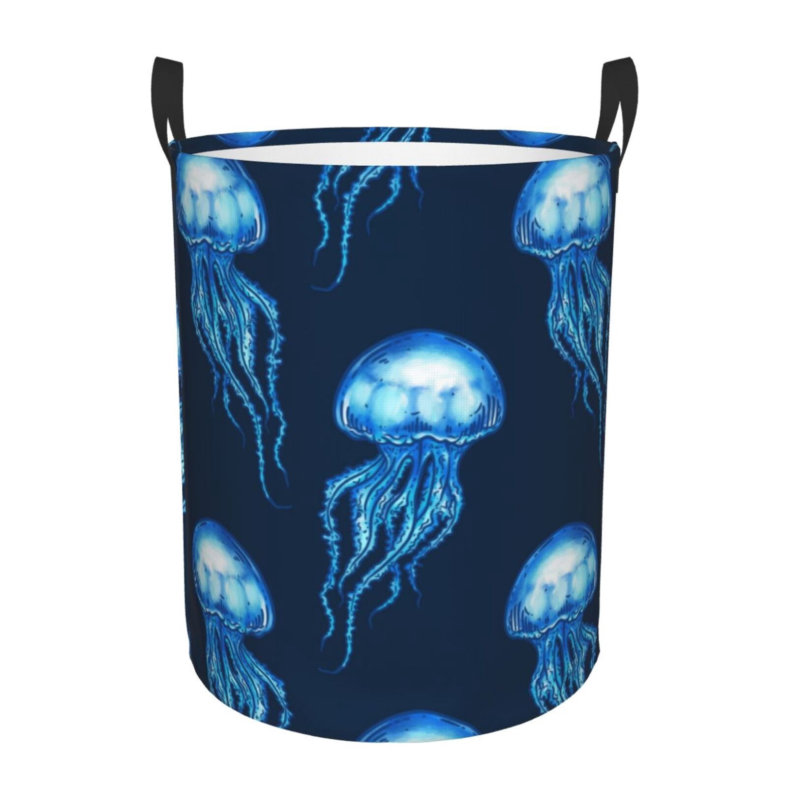 Large Laundry Basket with Handles - Blue White Jellyfish Kids Baby Dirty Clothes Laundry Hamper for Bedroom Aesthetic