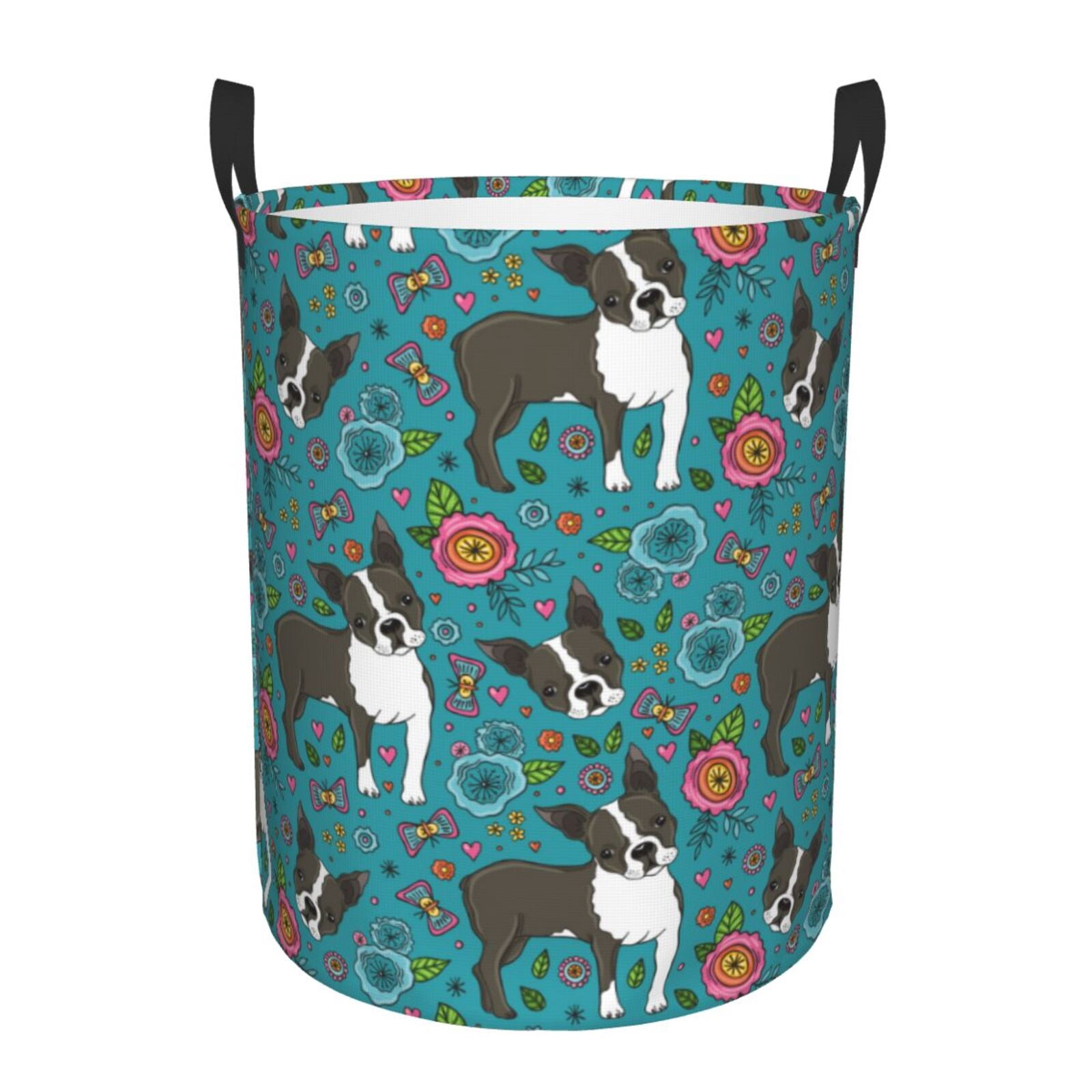 Large Laundry Basket with Handles - Boston terrier flowers green cute Kids Baby Dirty Clothes Laundry Hamper for Bedroom Aesthetic