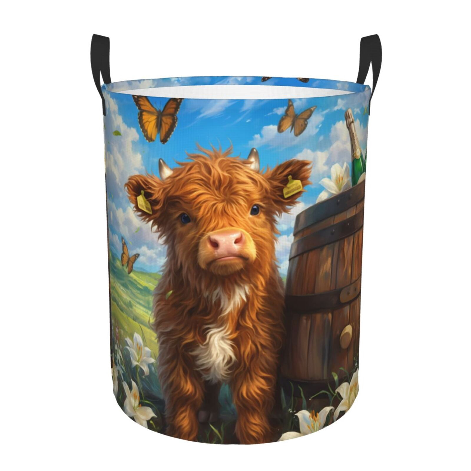Large Laundry Basket with Handles - Calf Butterflies Lilies A Kids Baby Dirty Clothes Laundry Hamper for Bedroom Aesthetic
