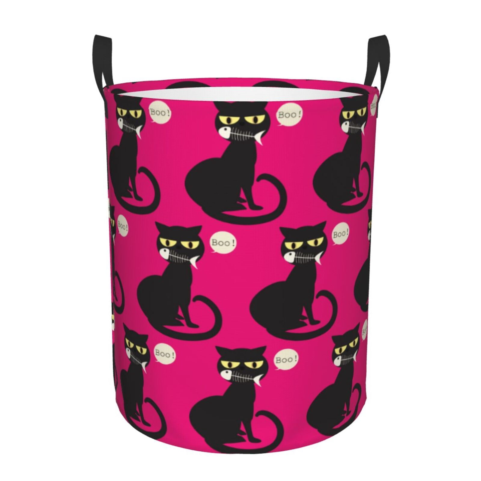 Large Laundry Basket with Handles - Cartoon Black Cat Fishbone Kids Baby Dirty Clothes Laundry Hamper for Bedroom Aesthetic