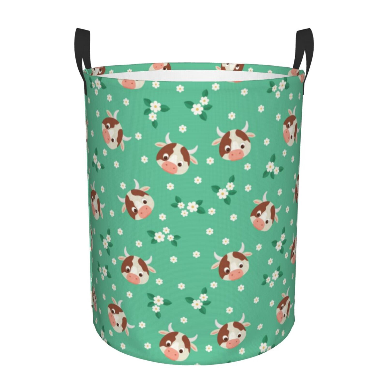 Large Laundry Basket with Handles - Cartoon Cute Cow Head Flower Kids Baby Dirty Clothes Laundry Hamper for Bedroom Aesthetic