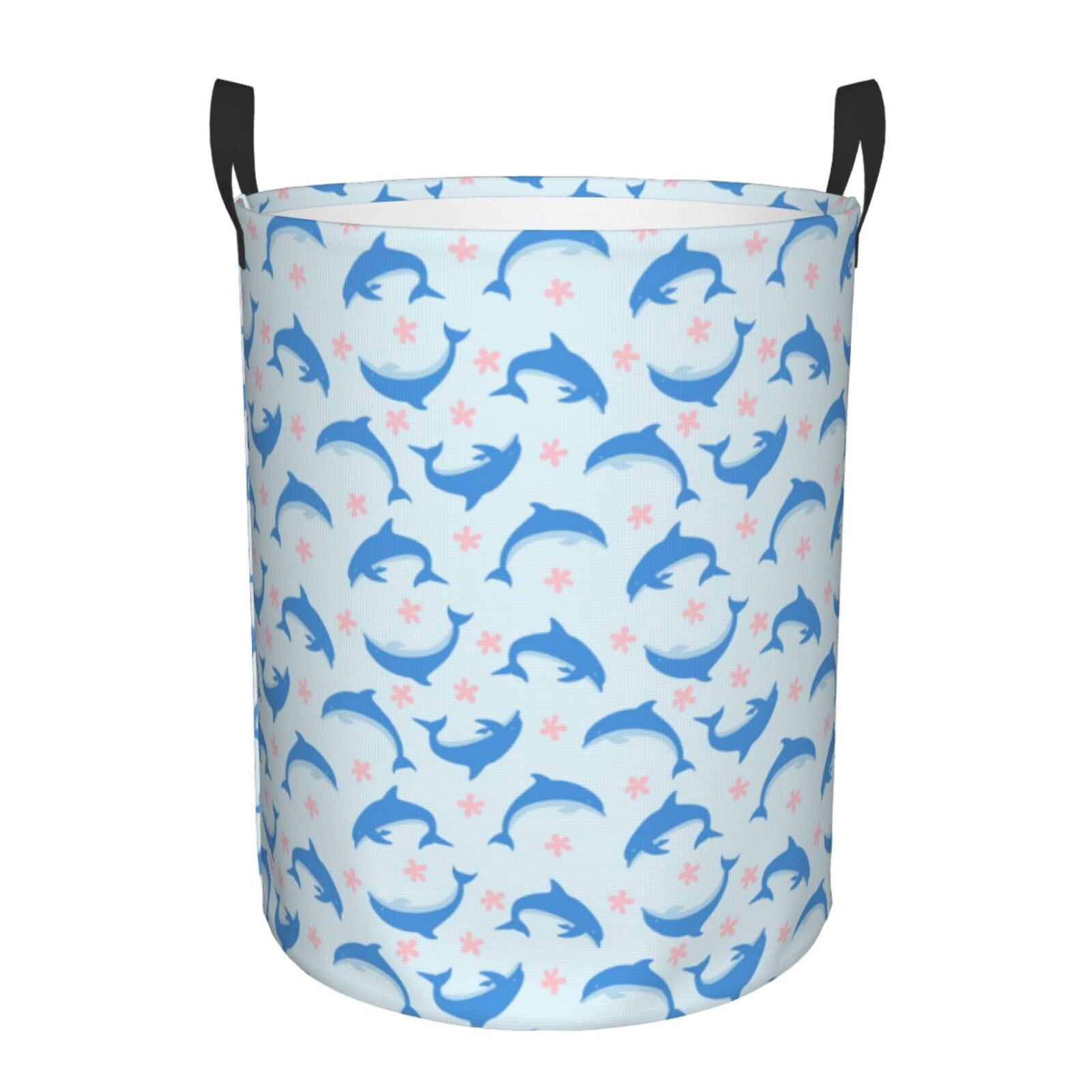 Large Laundry Basket with Handles - Cartoon Cute Dolphin Flower Kids Baby Dirty Clothes Laundry Hamper for Bedroom Aesthetic