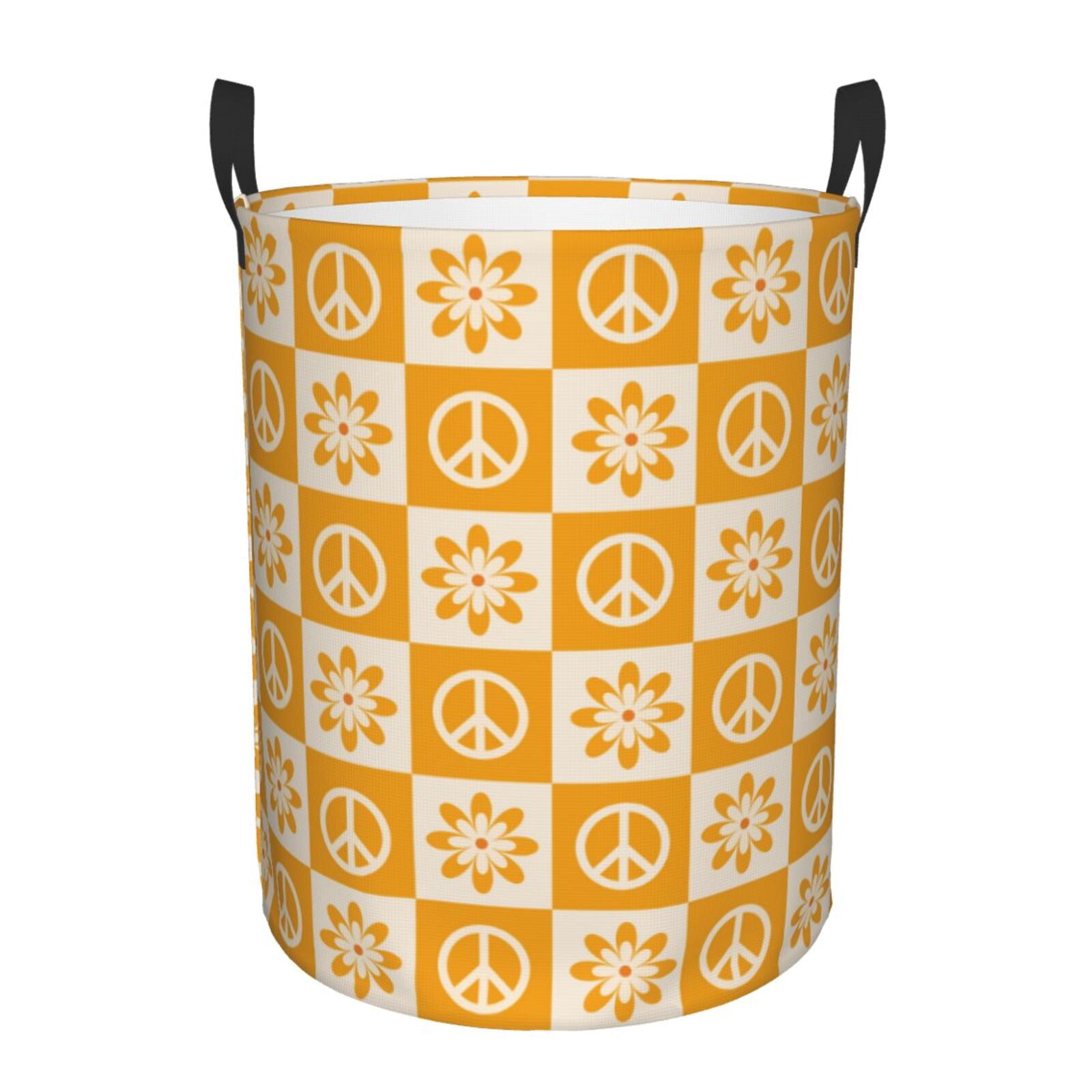 Large Laundry Basket with Handles - Checkered Retro Flowers peace sign Kids Baby Dirty Clothes Laundry Hamper for Bedroom Aesthetic